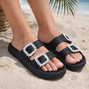 Rhinestone Buckle Flat Gretta Sandals Slides NWOB-Black Size 10 or 11